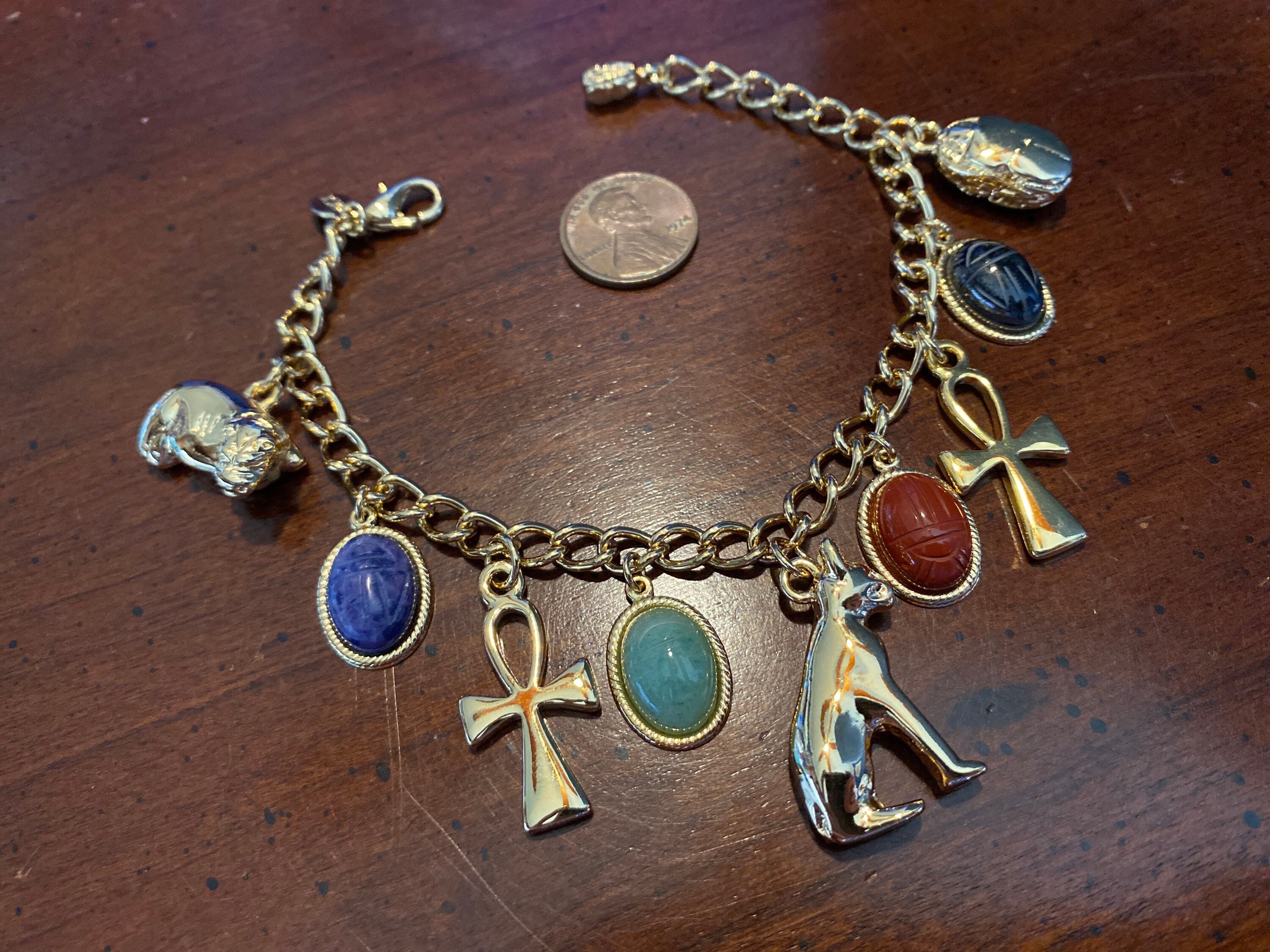 Bransoletka Kenneth Lane Egyptian Revival Charm - Ankh Cat Hippopotamus Scarab - Vintage Runway Statement KJL - Złoty wisiorek Bastet Bast