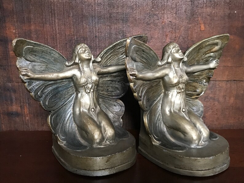 Antique 1927 Butterfly Girl Fairy Bookends Art Deco Heavy Etsy