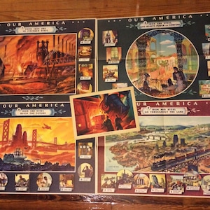 Original Coca Cola Set of Our America 1940s Steel - Vintage Lithographs  WWII Era Steampunk Educational Teachers Ad Posters Advertising Coke