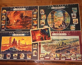 Original Coca Cola Set of Our America 1940s Steel - Vintage Lithographs  WWII Era Steampunk Educational Teachers Ad Posters Advertising Coke