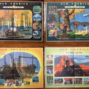 Set of 5 Vintage Coca Cola Ad Posters - Original 1942 Our America &quot;Oil&quot; Complete Large Lithographs  - WWII Era Educational for Teachers