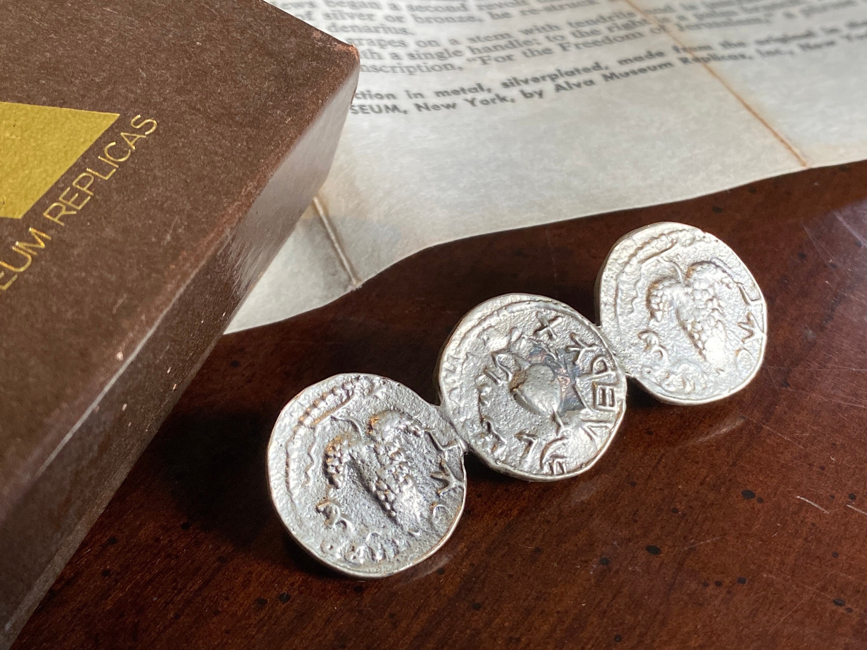 Vintage Jewish Silver Coin Bar Brooch  Israeli Shekel  Alva Museum Replica  Freedom of Jerusalem Original Box Paperwork Grape Vine Palm Tree