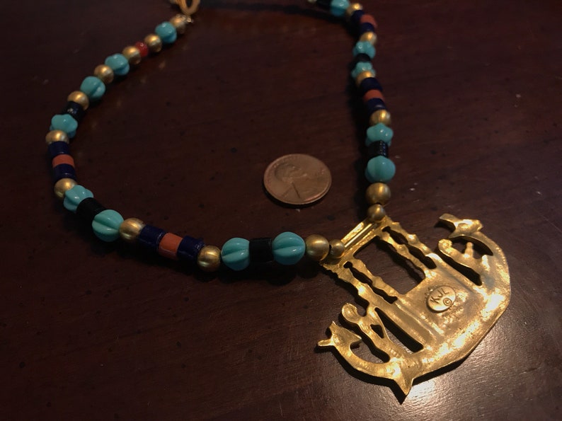 Shrine Shrine Vintage Runway KJL Kenneth Lane Egyptian Revival Gold Solar Boat Beaded Choker Necklace Rams Head