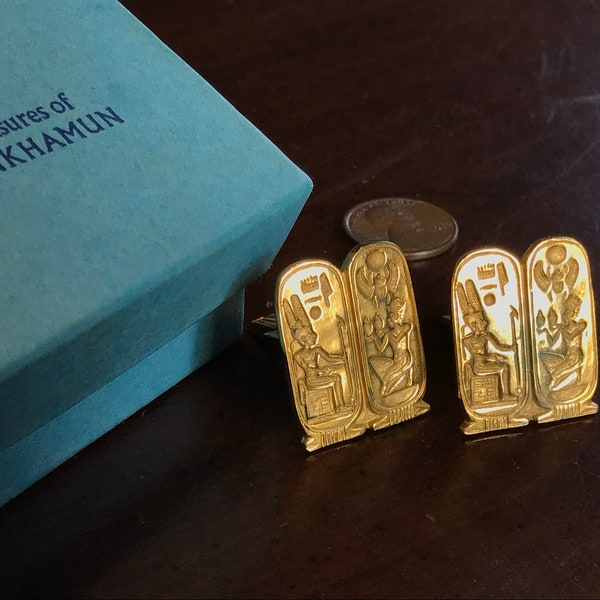 MMA Egyptian Revival Gold Double Cartouche Cuff Links - Amun Ra Winged Scarab  Vintage 1976 Metropolitan Museum Art Treasures of Tutankhamun