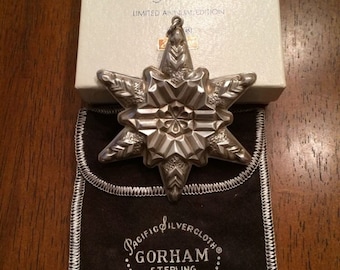 1st Annual 1970 Gorham Sterling Silver Christmas Snowflake Ornament w Original Gorham Gift Box and Pouch Snow Flake Vintage Metal Decoration