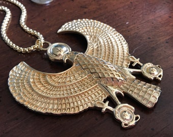 Egyptian Revival God of Justice Horus Falcon Pendant Necklace - Ankh Hawk Key Life Solar Disk - Sky God Horakhty - Bird in Flight Pectoral
