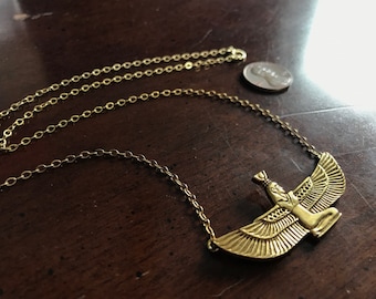 Vintage Gold Winged Goddess Hathor Pectoral Bib Necklace CMA HMR Sterling Silver Vermeil Wings  Egyptian Revival Isis
