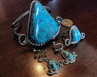 Vintage Navajo DENNIS KALISTEO Sterling Silver Turquoise Bracelet, Ring, Earrings Set - DK - Indian Hand Made Native American Old Pawn Dead