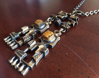 Pentti Sarpaneva Bronze Raw Tiger Eye Modernist Dangle Pendant Necklace - Vintage Finland Finnish Brutalist Scandinavian Turun Hopea