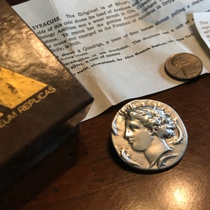 Vintage Water Nymph Arethusa Silver Greek Coin Brooch - Dolphin Fountain Syracuse - Alva Museum Replica - Greek Revival Necklace - Roman