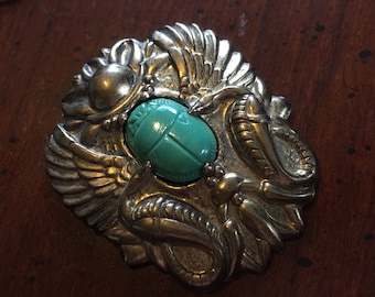 Egyptian Revival 1930's Winged Scarab, Cobra, Solar Disk Brooch Pin - Emerging Sun God, Wadjet Cobra Godess, Ra Khepri, Cartouche Green Gold