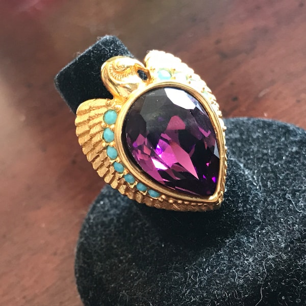 Elizabeth Taylor Egyptian Revival Plumed Falcon Gold Cleopatra Ring - Amethyst - Faux Turquoise - Gold Horus Ring