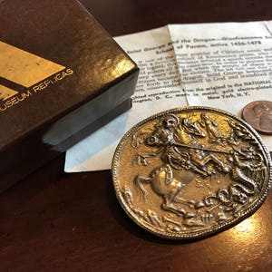Vintage St George Slaying the Dragon Gold Medallion Brooch - Alva Museum Replicas - Patron Saint of England - Storyteller - Golden Dragon