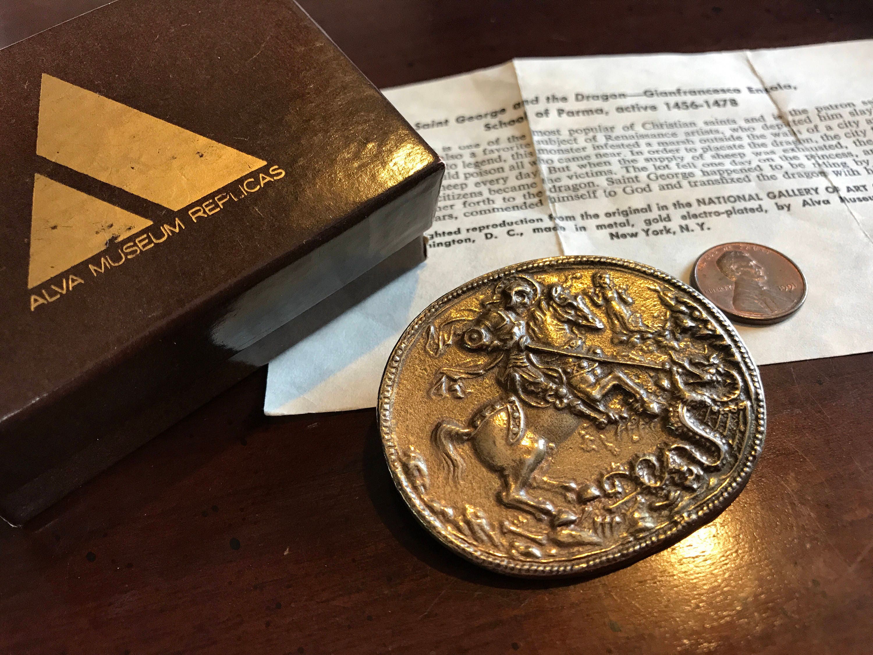 Vintage St George Slaying the Dragon Gold Medallion Brooch - Alva 