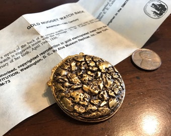 Vintage Gold Nugget Pocket Watch Back Brooch - Vintage Alva Museum Replicas Costume Jewelry - Gold Mining Gold Rush