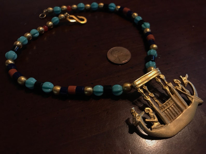 Shrine Shrine Vintage Runway KJL Kenneth Lane Egyptian Revival Gold Solar Boat Beaded Choker Necklace Rams Head