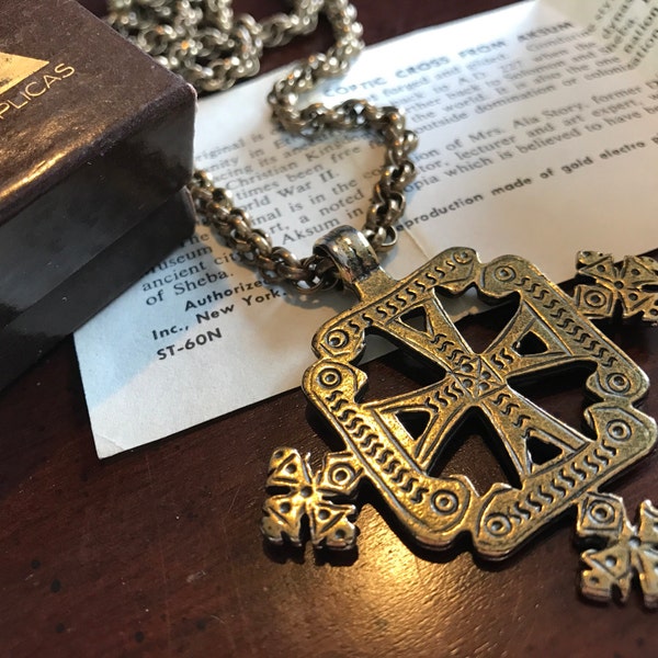 Ornate Aksumite Gold Coptic Cross Pendant Necklace - Vintage Alva Museum Replica - Aksum Ethiopia - Original Box