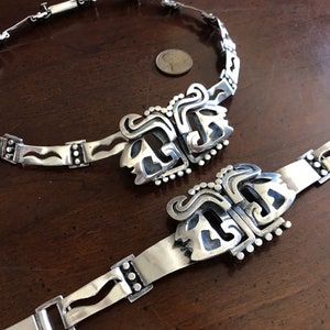 Vintage Salvador Teran Sterling Silver Aztec Mayan Warrior Collar Necklace and Bracelet Set - Salvator SA Tribal Mask Chieftain 1950s Taxco