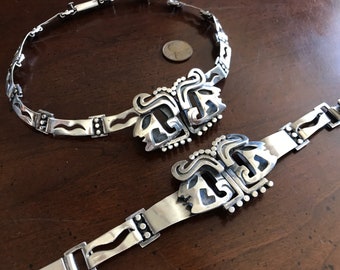 Vintage Salvador Teran Sterling Silver Aztec Mayan Warrior Collar Necklace and Bracelet Set - Salvator SA Tribal Mask Chieftain 1950s Taxco