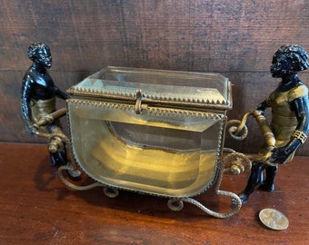 Antique Grand Tour Jewelry Casket - Beveled Glass Jewelry Box - Nubian Man Woman Carriage - Egyptian Revival Keepsake Blackamoor Trinket Box