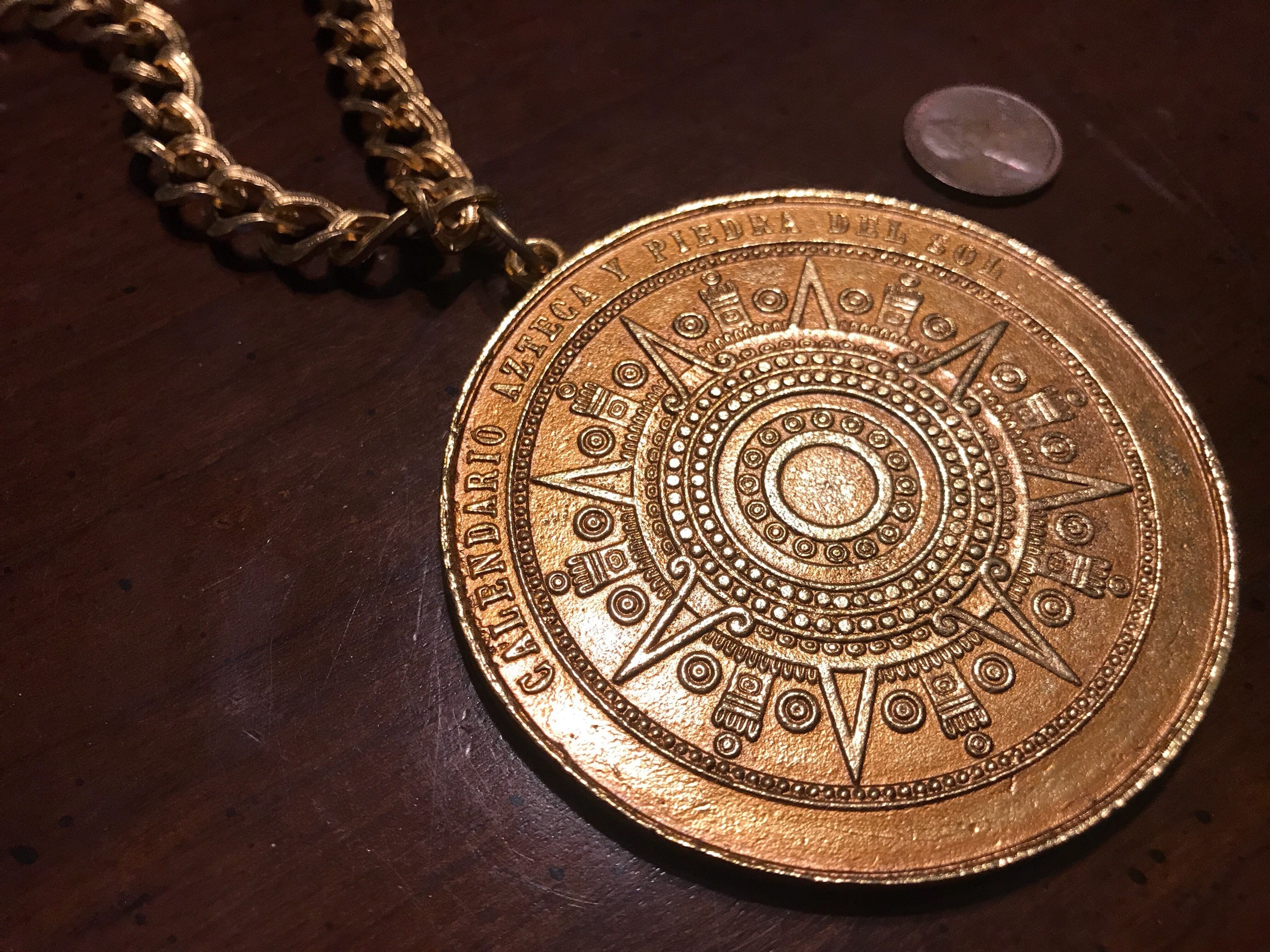 Gold Aztec Calendar Stone Necklace - Vintage Alva Museum Replicas