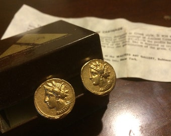 Vintage Queen of the Underworld Gold Coin Statement Cufflinks - Persephone - Alva Museum Replicas - Greek Cuff Links  Original Box Paperwork