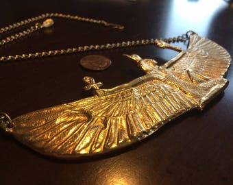 Vintage Winged Goddess Isis Gold Pectoral Bib Necklace  Kneeling Outstretched Wings Ankh  Egyptian Revival Geb Nut Alva Museum Replicas