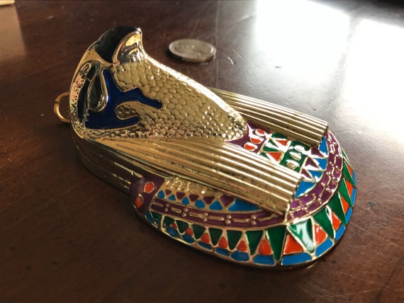 Vintage Egyptian Revival Gold Horus Pendant Necklace - Sky God Falcon Enameled - Runway Statement Rhinestone Eyes - Eagle Bird