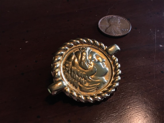 Hercules Nemean Lion Gold Greek Coin Brooch - Vint