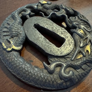 Vintage Tsuba Japanese Dragon Sword Guard - Openwork Carving Art - Iron - Katana Sword - Edo Period?