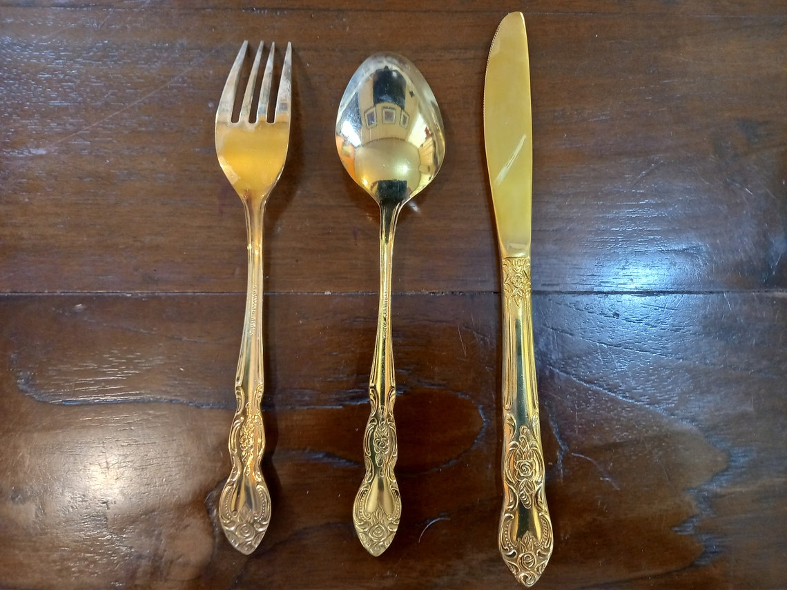 SET 24 Pcs STAINLESS KOREA Gold Flatware Dream Rose Floral Tip Etsy Canada