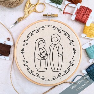 Mary and Joseph nativity scene, nativity characters, virgin Mary hand embroidery pattern, Jesus embroidery designs, holy family design