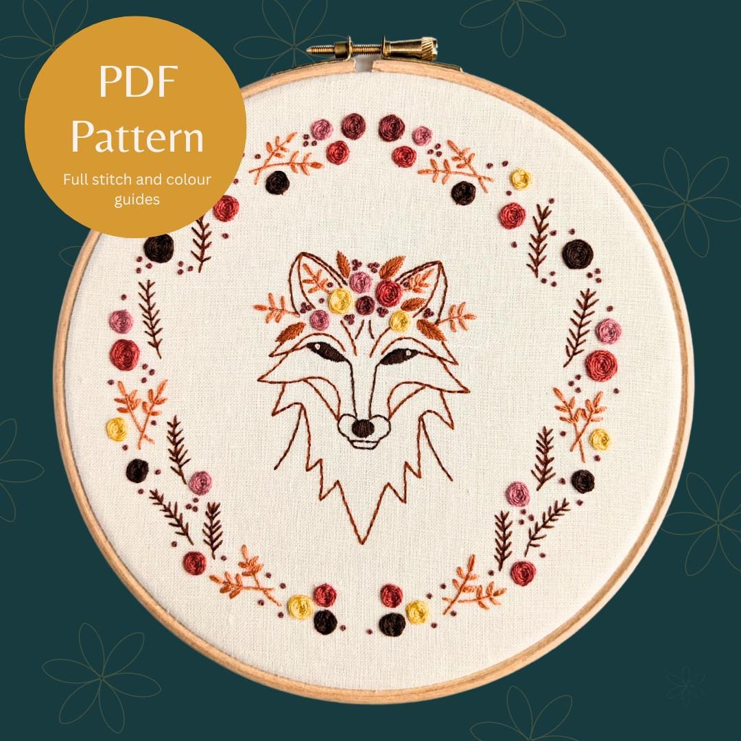 Autumn Fox Embroidery Hoop Pattern, Woodland Floral Wreath (PDF ...