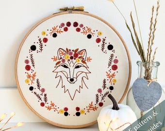Autumn fox embroidery, elegant fall décor, autumn embroidery patterns, autumn embroidery designs, fall embroidery designs, woodland fox hoop