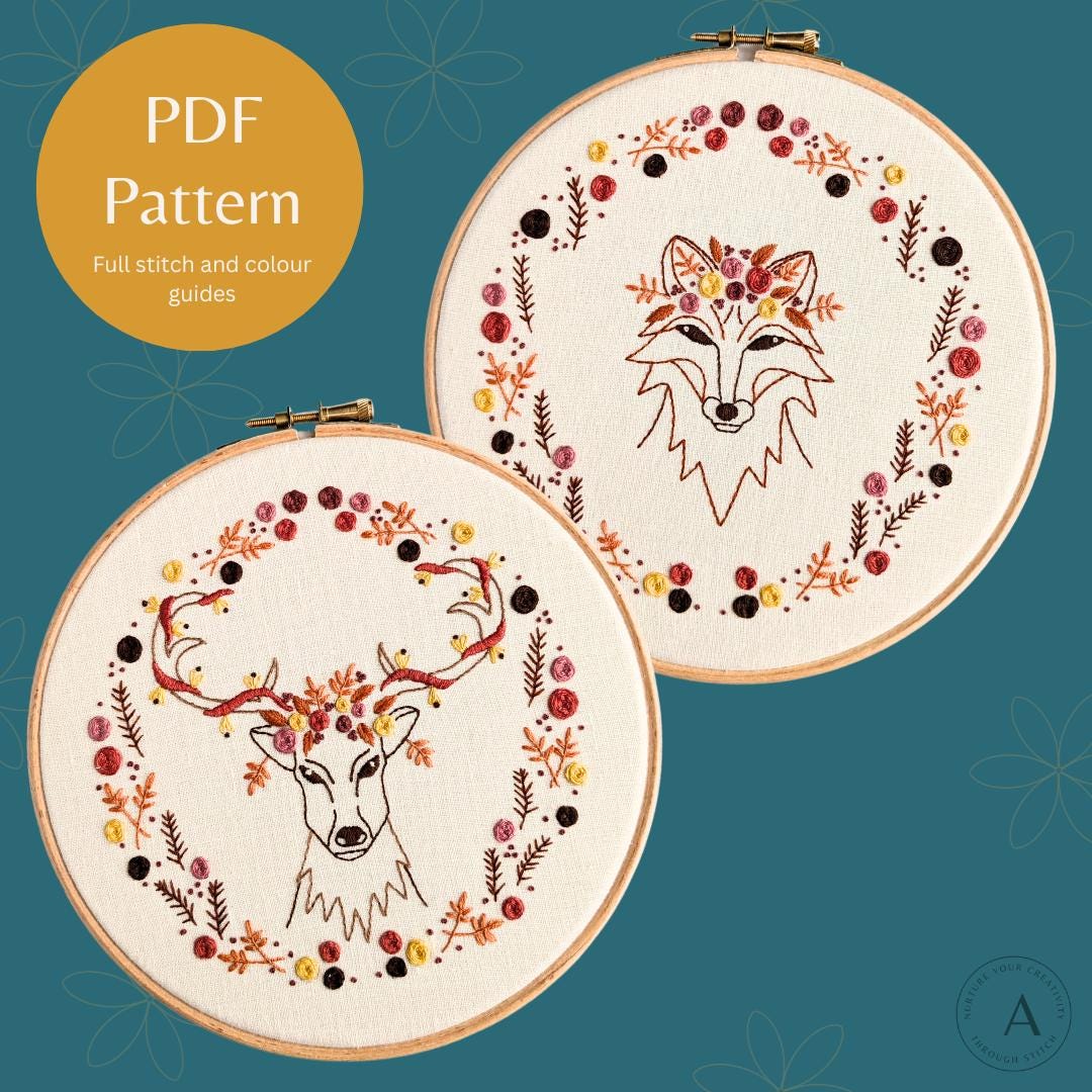 Autumn Fox Deer Embroidery Design Set, Woodland Hoop Art Pattern (PDF ...