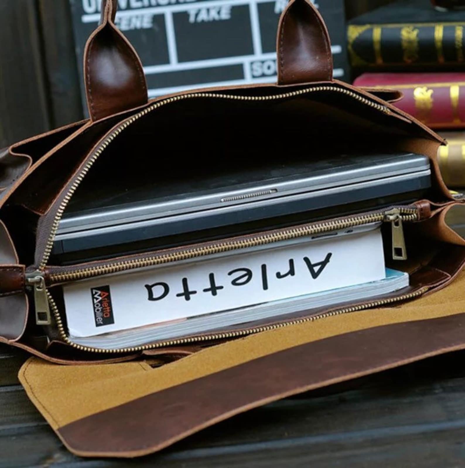 Personalised Vegan Leather Laptop Bag / Brown Briefcase / Etsy UK
