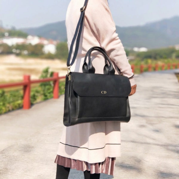 Personalisierte Vegan Leder Laptoptasche / Schwarze Aktentasche / Schwarze Laptoptasche / Vegan Leder Tasche / Vegan Leder Handtasche / Leder Messenger