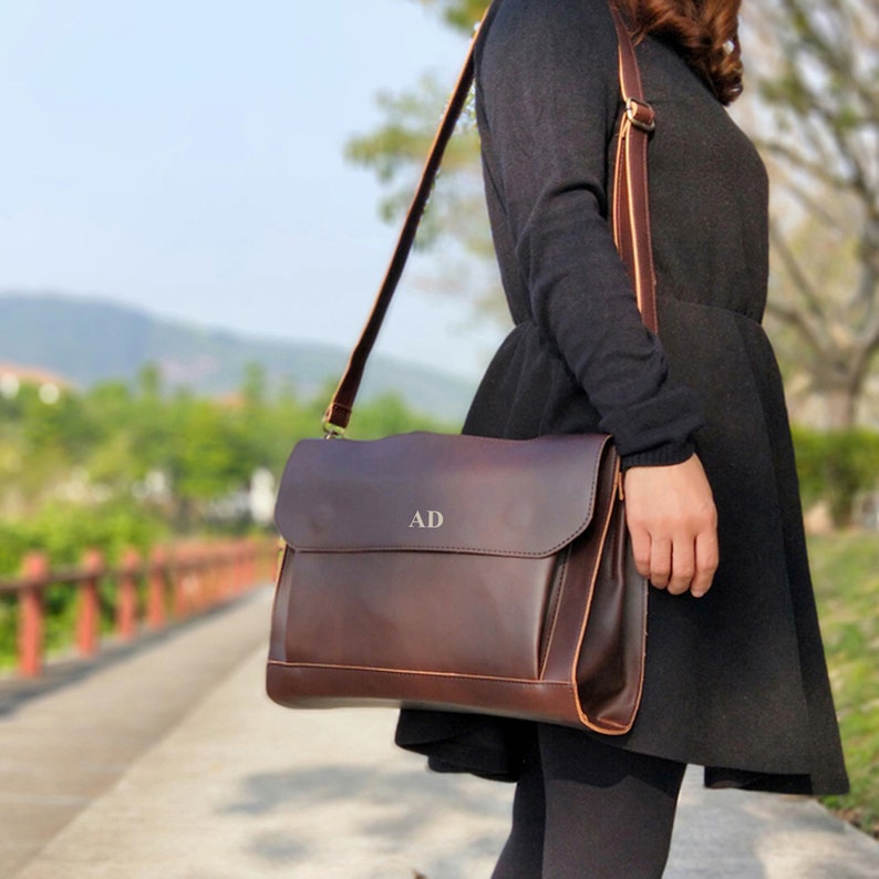 Personalised Vegan Leather Laptop Bag / Brown Briefcase / Brown Laptop Bag / Vegan Leather Bag / Vegan Leather Handbag / Leather Messenger image 2