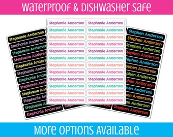 May include: Waterproof and dishwasher safe personalized name labels in black, pink, blue, green, and orange. The labels say "Stephanie Anderson" and "Stephen Anderson".