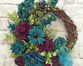 Teal & Purple, Front Door Wreath, Silk Floral Wreath, Grapevine Wreath, Outdoor Wreath, Summer Wreath, Summer Door Wreath,Spring Wreath Door
