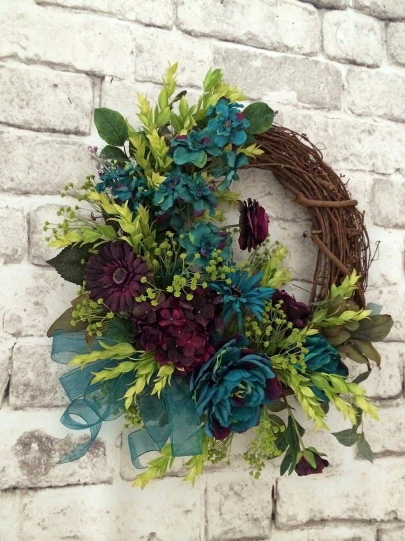 Teal and Plum Fall Wreath for Door Front Door Wreath Summer Etsy