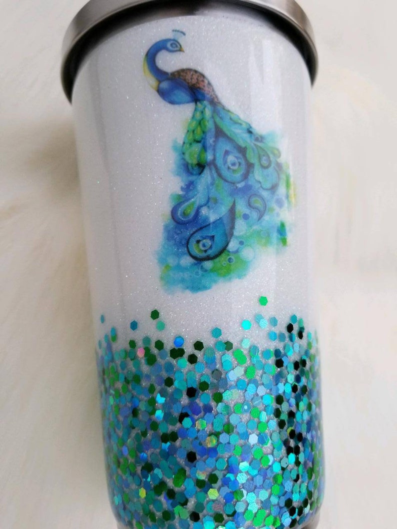 Glitter Peacock Coffee Tumbler Insulated Glitter Tumbler Etsy