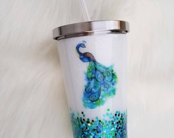 Vaso de café Glitter Peacock, vaso de brillo aislado, vaso de pavo real personalizado, vaso de brillo, regalo de pavo real monograma, taza de pavo real