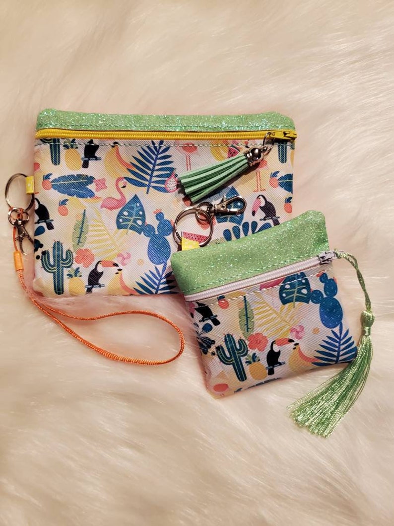 coin purse with lanyard zip purse mask holder wristlet purse vacation bag island theme purse Tropical purse set make up bag