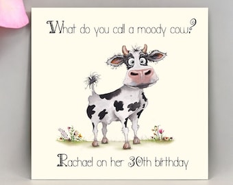 Divertente biglietto di auguri di compleanno a forma di mucca: design originale dipinto a mano con acquerello, auguri umoristici personalizzati, personalizzabili