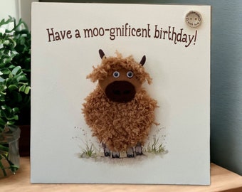 Handmade birthday card with crochet highland cow - optional personalisation with custom name, unique 3D card with plantable seed card gift