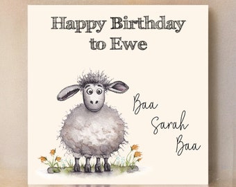 Sheep Happy Birthday Card - hand painted art design, optional personalisation with custom name, unique 3D card with plantable seed card gift