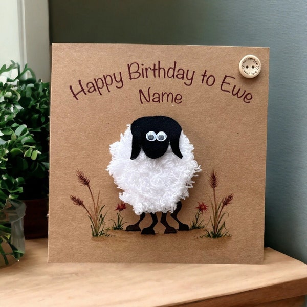 Handmade birthday card with crochet sheep - optional personalisation with custom name, unique 3D card with plantable seed card gift