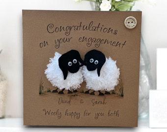 Personalised Engagement card - Congratulations card,  cute sheep for wedding engagement, handmade crocheted design for newly engaged couple