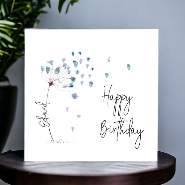 Aqua sea glass happy birthday card - sea glass flower, personalisation & framed sea glass art option, birthday card for him, sea glass gift